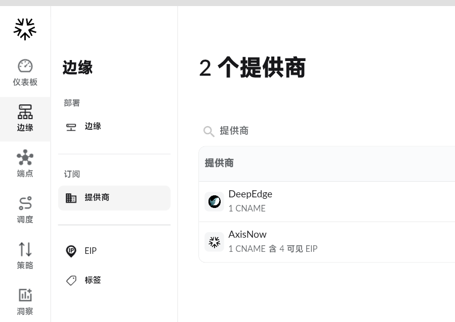 已订阅 2 个提供商：DeepEdge 与 AxisNow